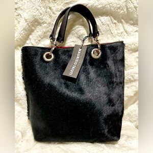 MAURIZIO TAIUTI Leather & Cowhide Tote Bag Satchel Black with Red lining NEW